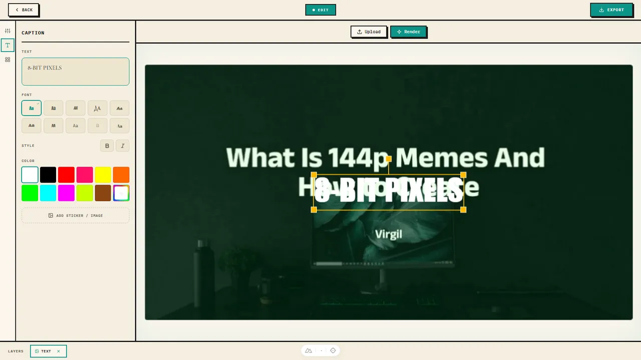 lowqualitymemes image-to-8-bit editor with a loaded image and a pixel art caption