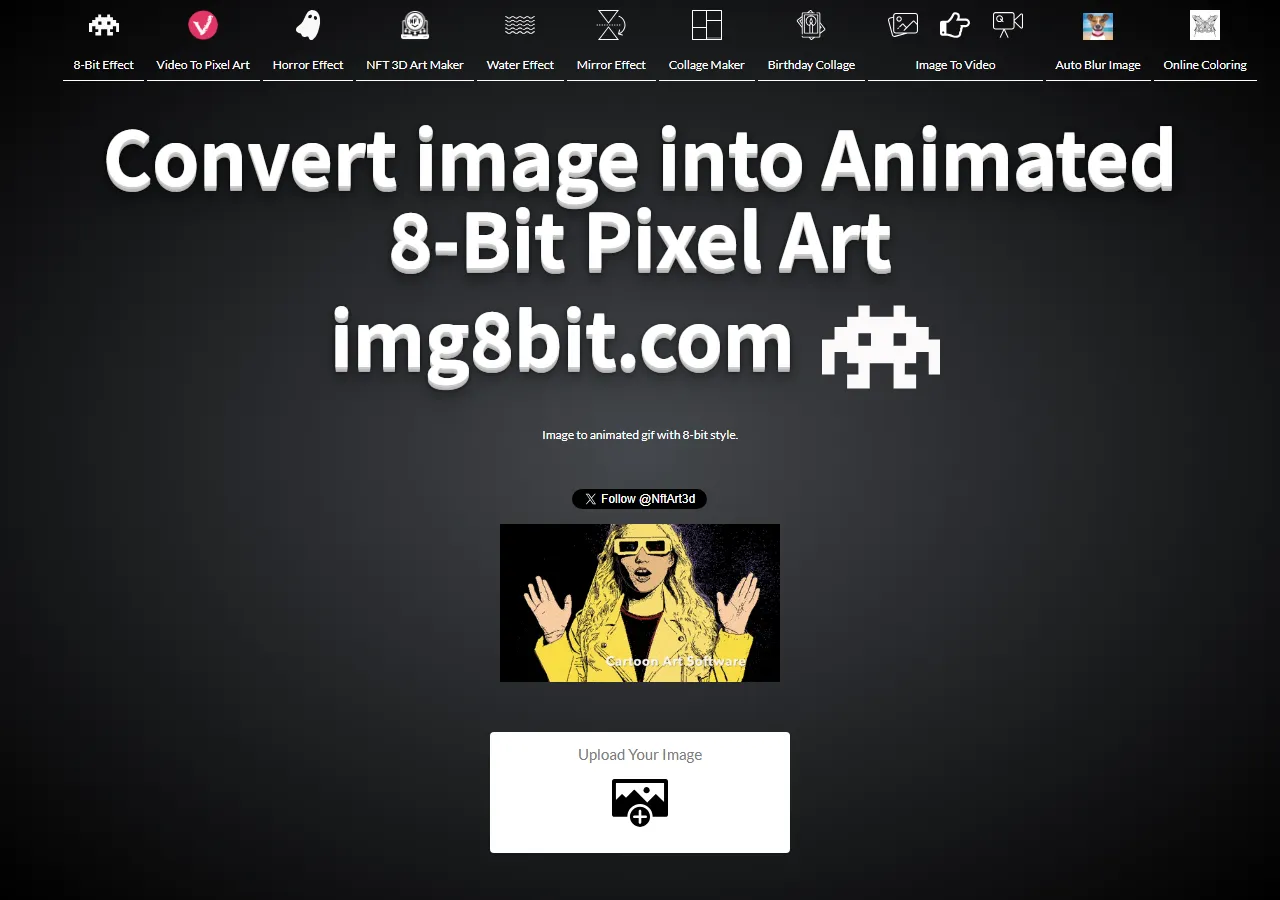 img8bit.com dedicated 8-bit pixel art converter applying an auto pixel effect