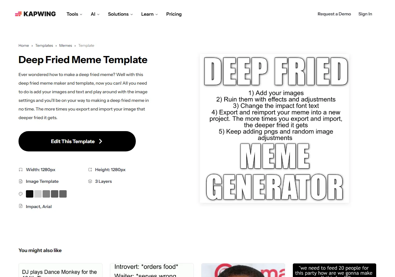 Kapwing deep fried meme template editor with text and sticker layers