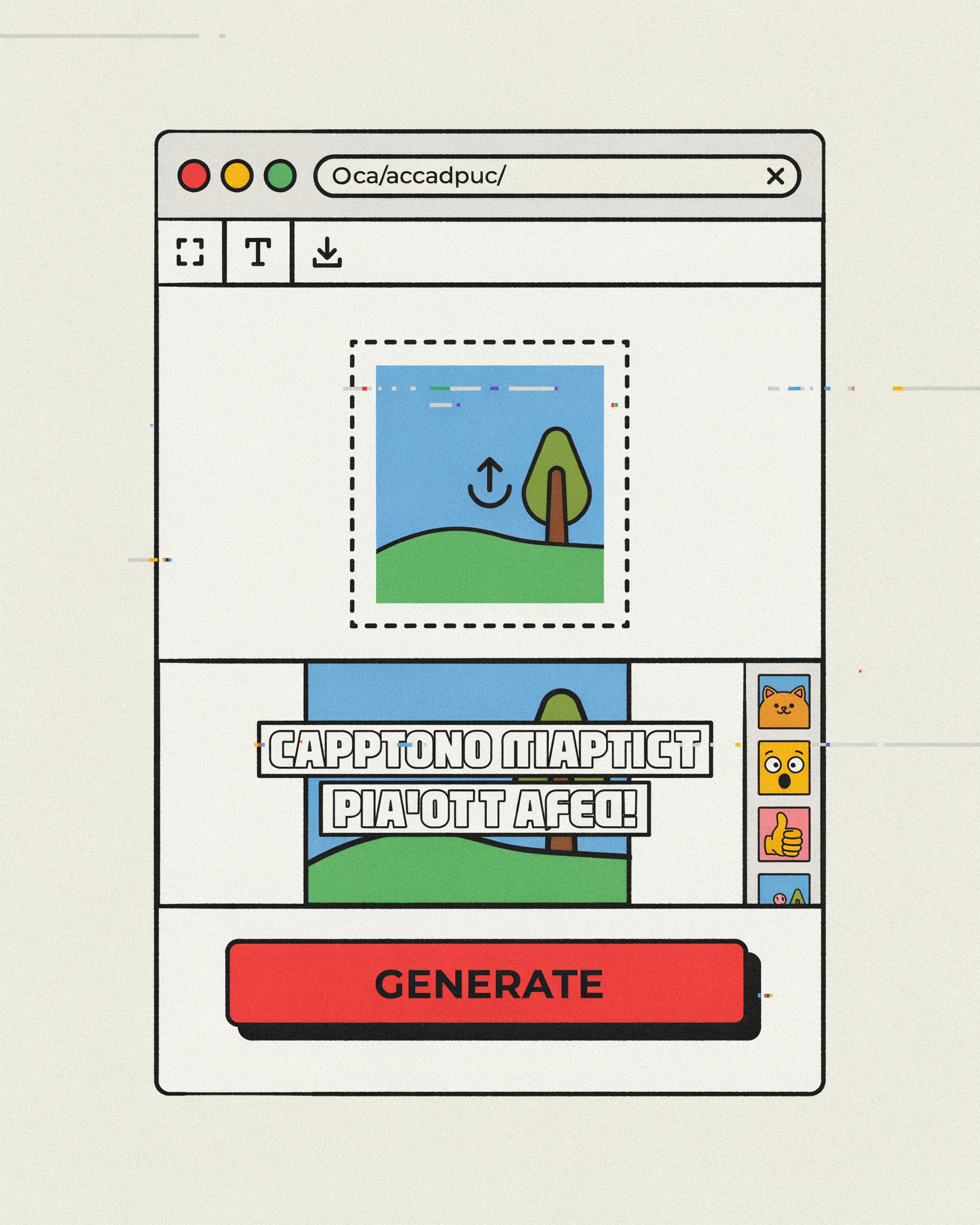 flat illustration of a meme generator workspace inside a brutalist web browser window, showing a central image upload zone with a placeholder photo, Impact font caption preview in white with black outline, and a large red GENERATE button