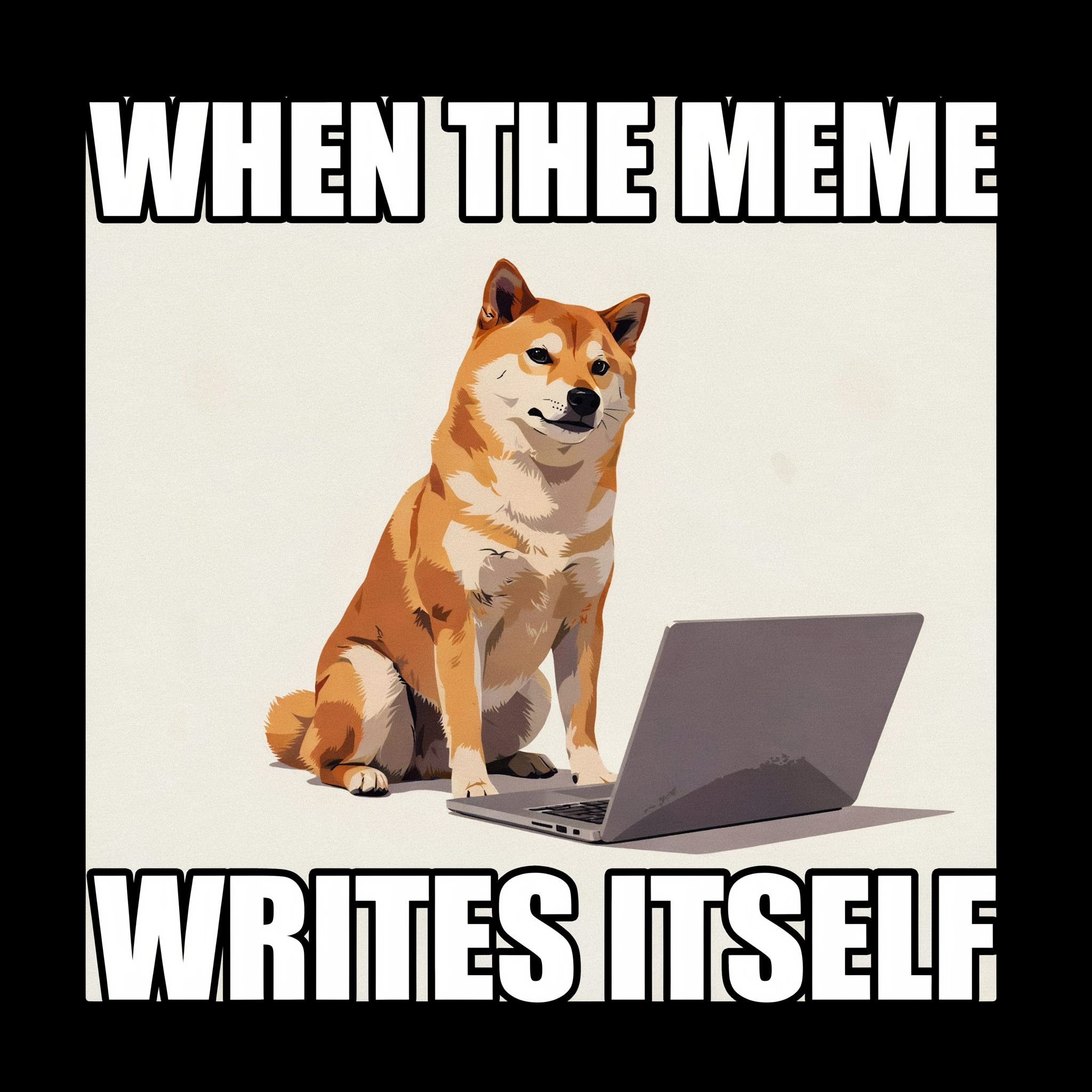 confused-looking Shiba Inu dog sitting in front of a laptop screen with bold white Impact font captions reading WHEN THE MEME on top and WRITES ITSELF on the bottom, black outline, brutalist meme aesthetic
