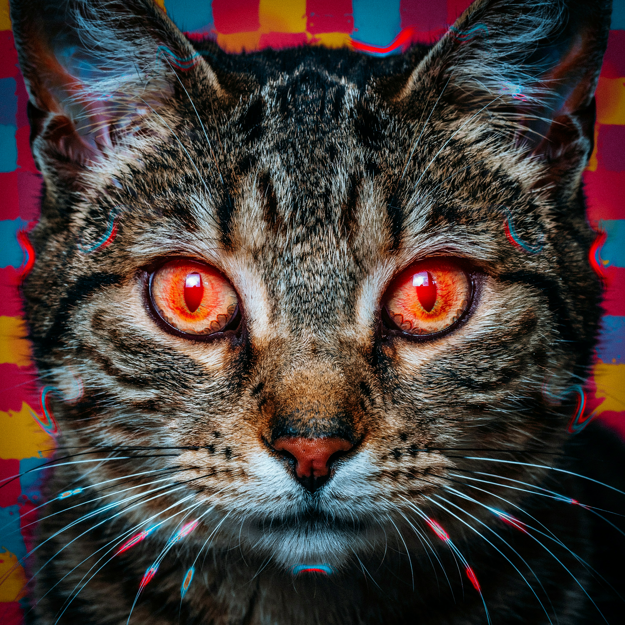 close-up portrait of a cat meme pushed to fully deep-fried territory with blown-out neon saturation, glowing red eyes, crushed contrast, and visible JPEG block artifacts crawling across every edge