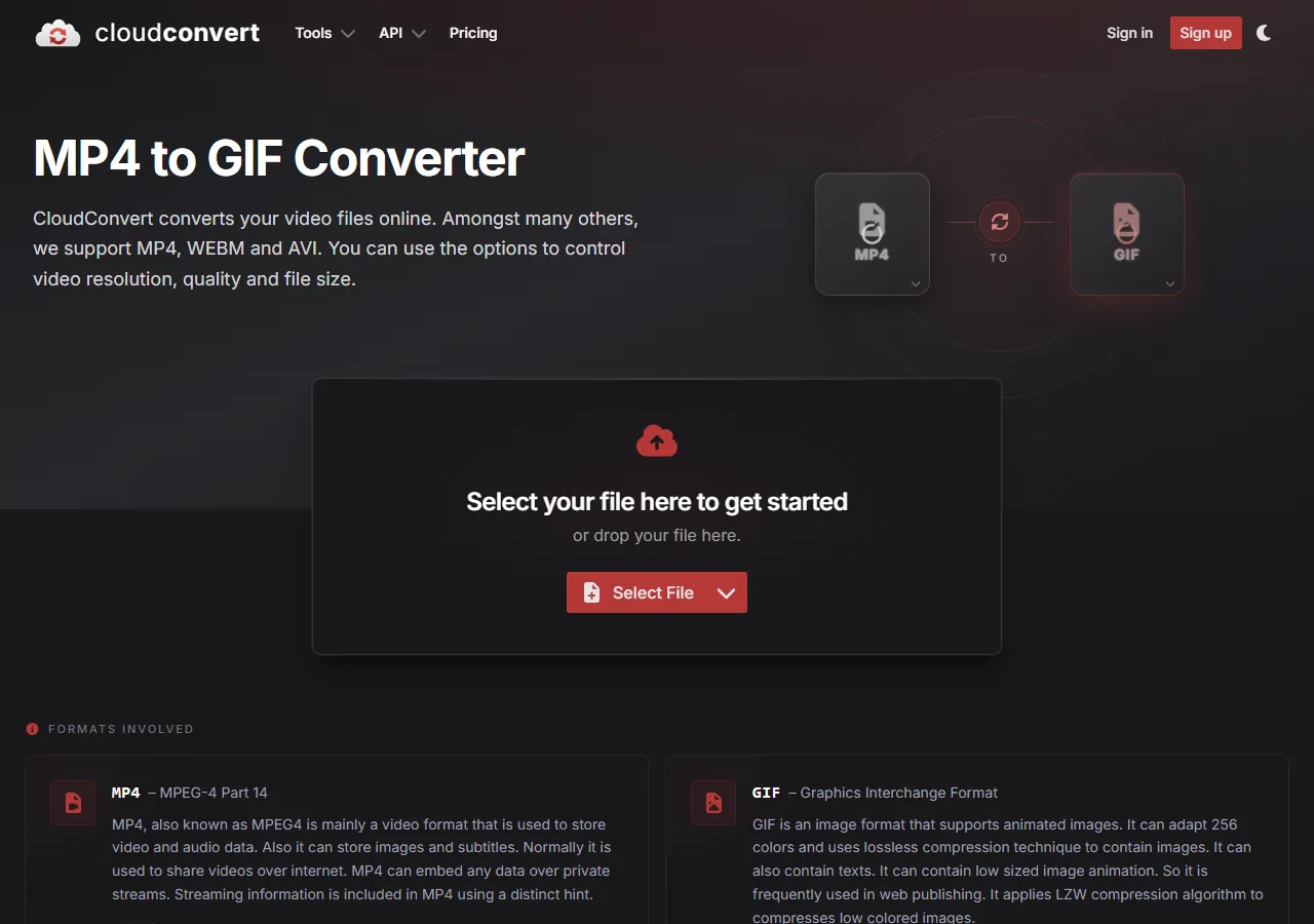 CloudConvert MP4 to GIF converter with resolution and frame rate options